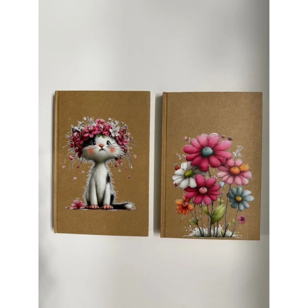 Set of 2 Hardcover Art Journals | Cute Cat & Floral Notebooks | 5.6" x 8.27" A5